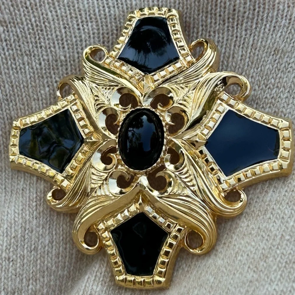 Vintage St John Maltese Cross Brooch Pendant 80's Black Enamel and Gold Signed